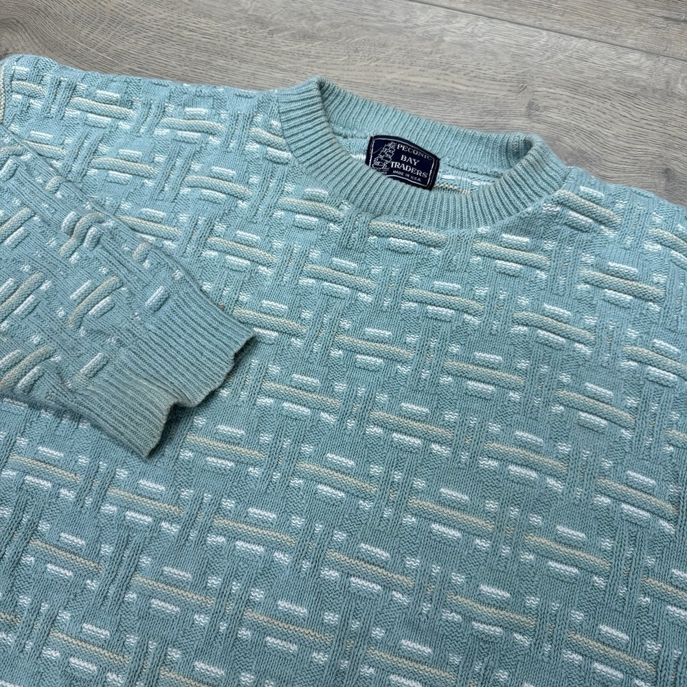 VTG Peconic Bay Traders Knit Sweater Blue White USA Stains Fisherman Outdoor